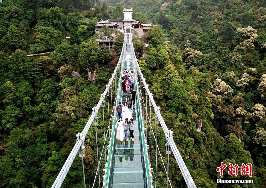 空中鸟瞰福建三明险峻的高空玻璃悬桥