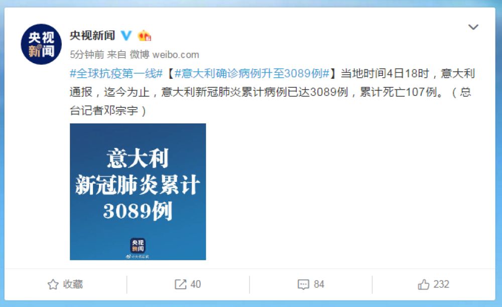 【意大利确诊病例升至3089例】意大利网友刷屏感谢中国的援助