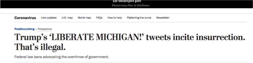 #特朗普#真相丨美媒：特朗普“鼓动”美国民众抗议居家隔离是玩火