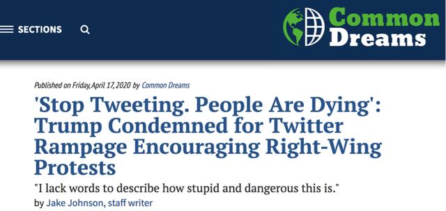 #特朗普#真相丨美媒：特朗普“鼓动”美国民众抗议居家隔离是玩火