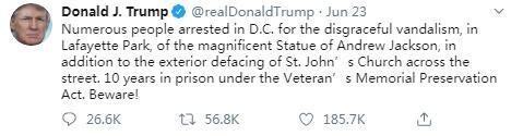 雕塑美示威者拟拆白宫外雕像 特朗普：当心！或判10年