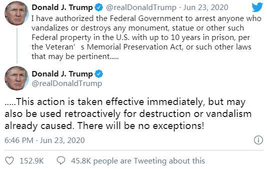 雕塑美示威者拟拆白宫外雕像 特朗普：当心！或判10年