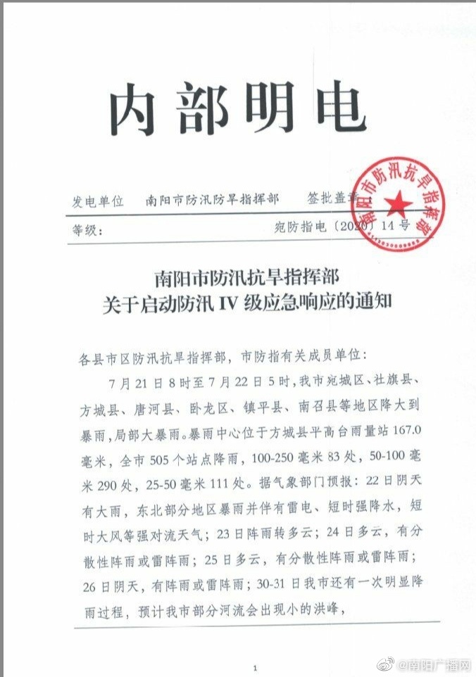 防洪|今晨5：30 南阳市启动防汛Ⅳ级应急响应！