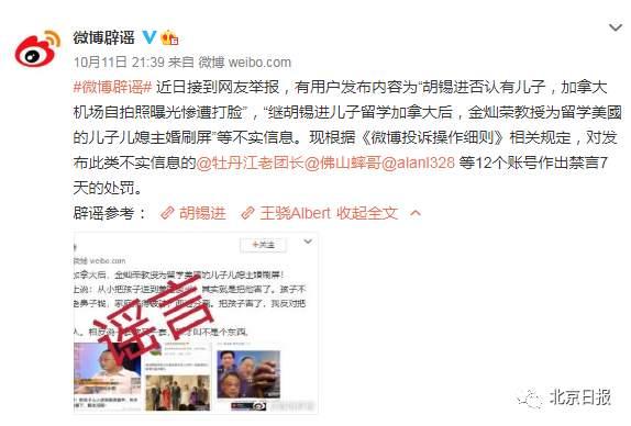 |金灿荣、胡锡进被造谣，12个微博账号被禁言7天