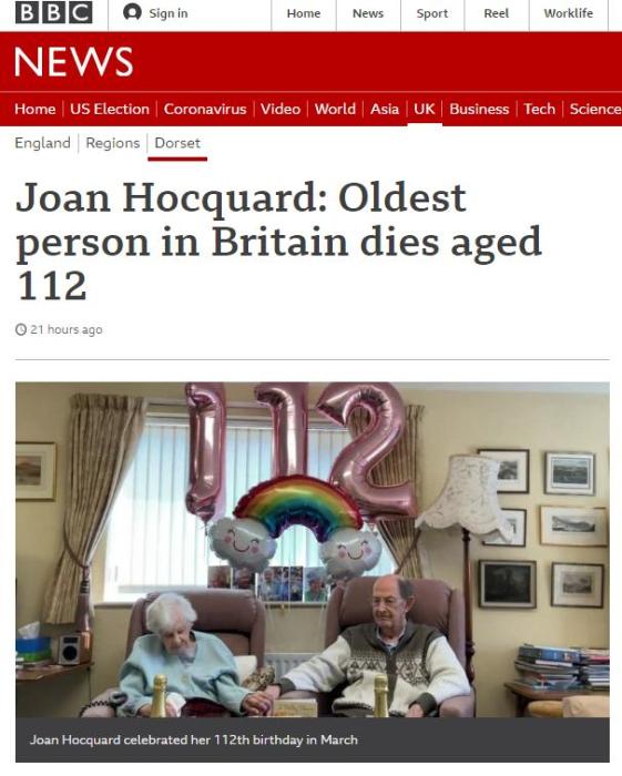 |英国最长寿老人去世享年112岁 生前喜欢黄油和奶油