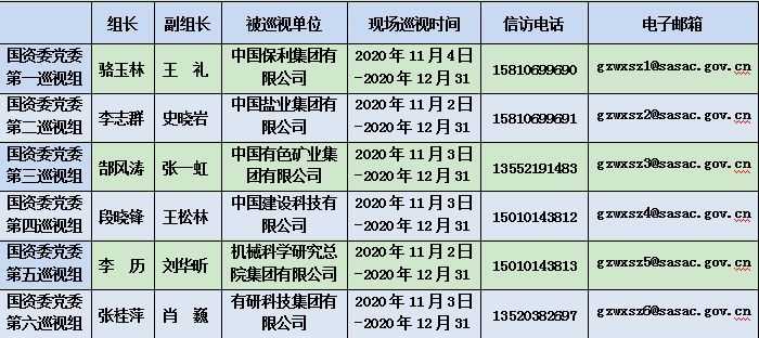 |国资委进驻6家央企开展巡视 公布巡视组联系方式