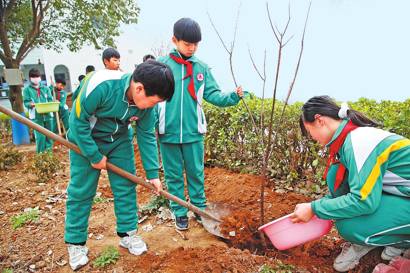 3月10日,灵宝市尹庄镇娄下小学的师生开展春季义务植树活动,栽下