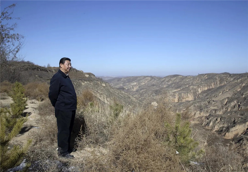 2015年2月13日，习近平回到陕西省延安市延川县文安驿镇梁家河村看望村民。在一段山路上，他停了下来，举目凝望。
